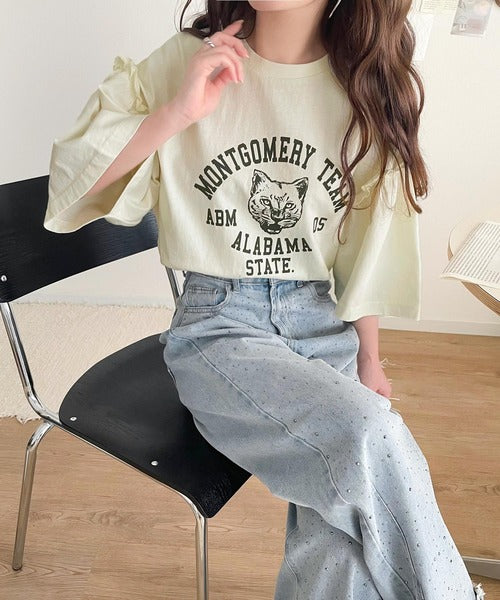 レディなヴィンテージスタイル。綿100％カレッジピグメント袖フリルT