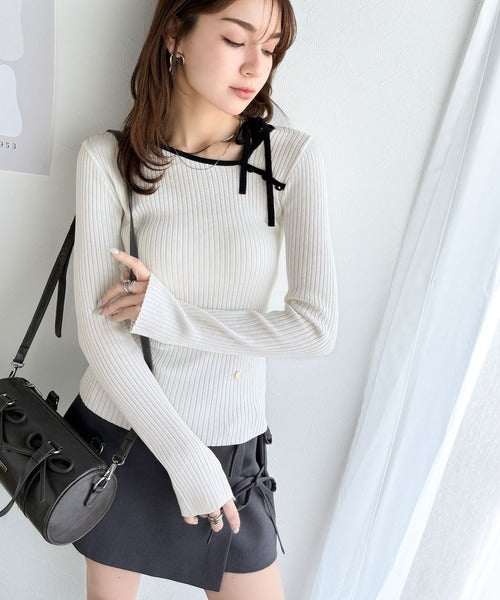 mily bilet】春夏の新定番！くるみボタンアシンメトリーネックボーダー