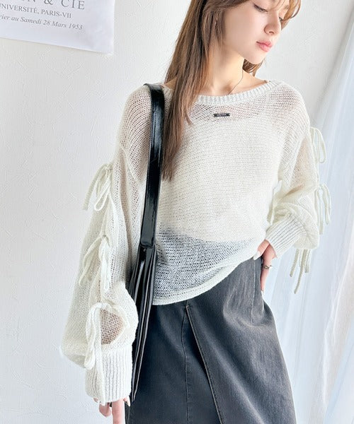 mily bilet】大人のきらめき。プレートデザイン透かし編み袖リボン