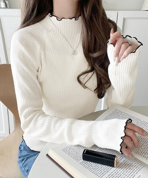 華奢見え叶える程よいフィット感。配色メロウリブニットトップス（長袖