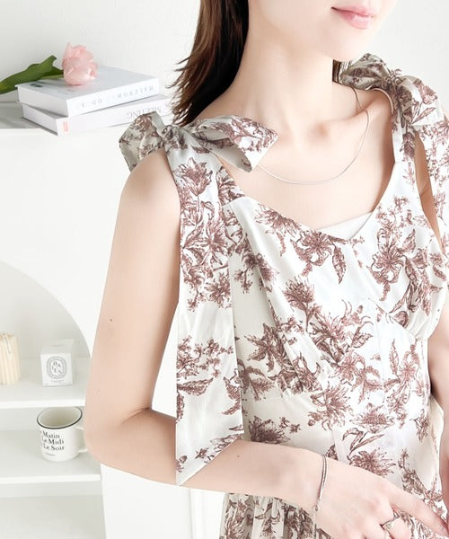 mily bilet】歩く度に揺れるショルダーリボンでパッと華やぐ。花柄肩