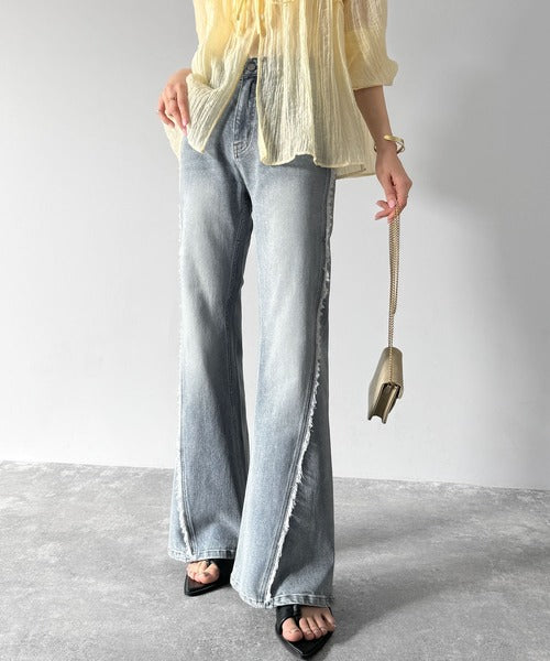 mily bilet】とにかく美脚！サイドフリンジ使いヴィンテージ風デニム