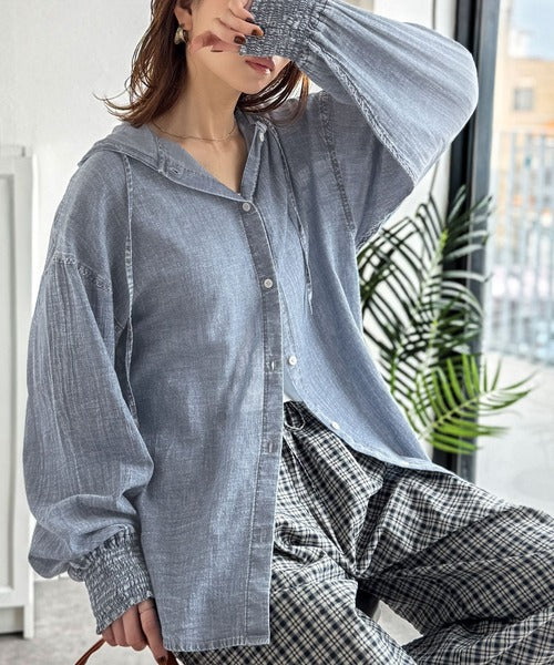 CHANEL シャネル OLD オールド シルバーボタン リネンギャザー加工 シアー長袖シャツ ネイビー P06314V03191 貴島明日香さん着用／イージーケア／接触冷感】麻混スタンドギャザー