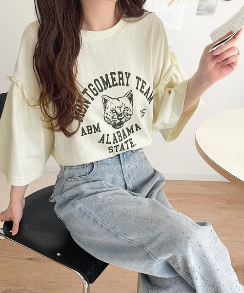 レディなヴィンテージスタイル。綿100％カレッジピグメント袖フリルT