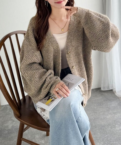 大人上品なニュアンスを演出◎比翼Vネックミックスニットカーディガン