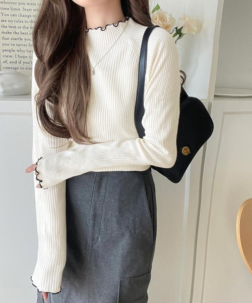華奢見え叶える程よいフィット感。配色メロウリブニットトップス（長袖