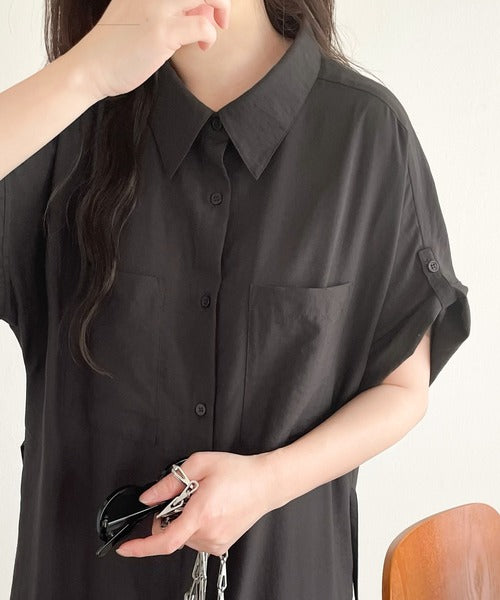 レア【アレキサンダーワン】シャツワンピース シルク オフショルダー ブラック 機能性×こなれ大人カジュアル。エアリータッチシャツワンピース