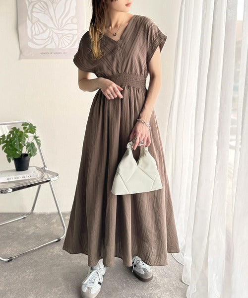 美品 ANAYI ロングワンピース Aライン ウエストシャーリング シアー生地 セール】 シアーストライプ切り替えフレア ワンピース （ロング