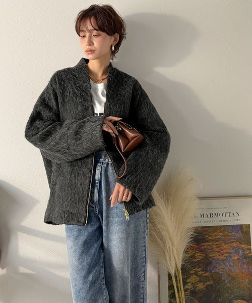 【未使用に近い】ノーカラーシャギーロングコート hinari コート アウター ノーカラーシャギーロングコート レディース