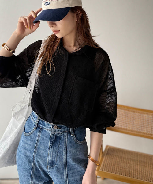 風が透き通る」。比翼デザイン胸ポケットスラブメッシュシャツ