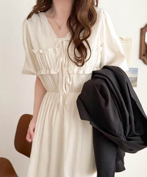 mily bilet】1枚で華やぐ♪揺れ感シアーフリルリボンプリーツロング