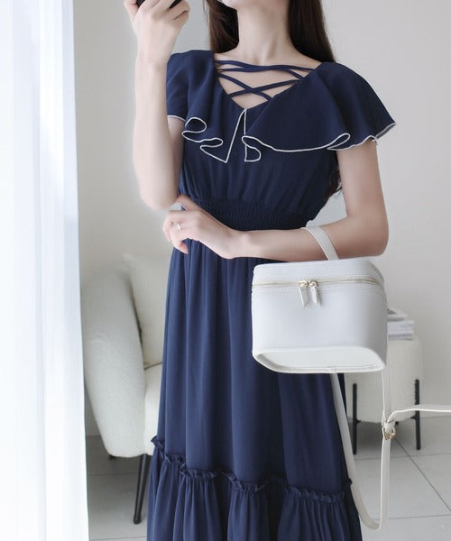 mily bilet】今季上品に大活躍♪クロスデザイン楊柳使いフリル襟