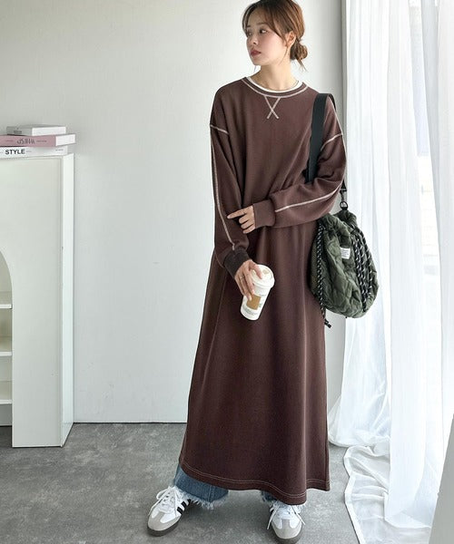 JaVaジャバコラボ》後姿が可愛い◎配色ステッチワッフルロング