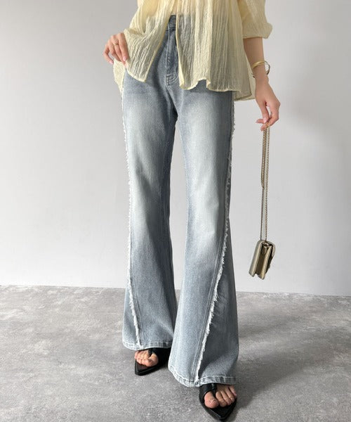 mily bilet】とにかく美脚！サイドフリンジ使いヴィンテージ風デニム