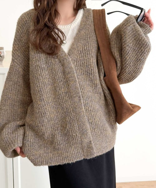 大人上品なニュアンスを演出◎比翼Vネックミックスニットカーディガン