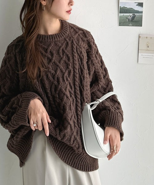 ざっくり感で一瞬でこなれ顔◎立体アラン柄ローゲージケーブルニット
