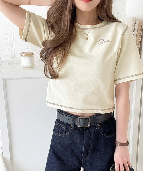 1枚で今っぽデザイン♪PAEAN刺繍配色ステッチチビTシャツ（半袖