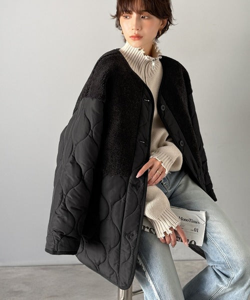 【希少✨】15号！バーバリー　キルティングコート　切替　金ボタン　ホースロゴ　黒 She's Closet ノーカラーコート コート 中綿ミドル丈ノーカラー