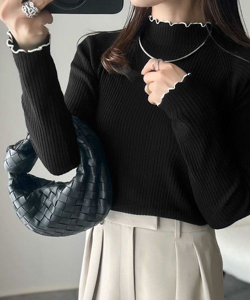 華奢見え叶える程よいフィット感。配色メロウリブニットトップス（長袖