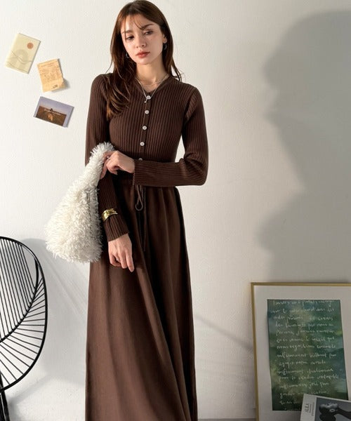 一枚で上品なラク可愛いが完成！ウエストリボンニットワンピース