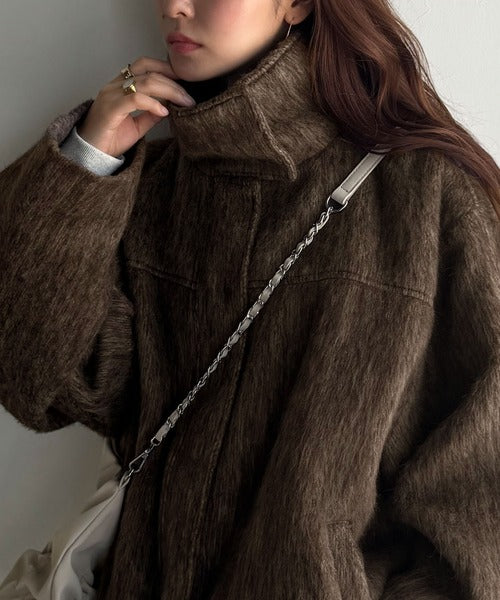 暖かさとおしゃれを両立♪ミックスシャギースタンドカラー比翼ミドル