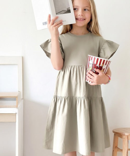 キッズ】親子リンクコーデ可能◎！布帛ドッキング袖フリルティアード
