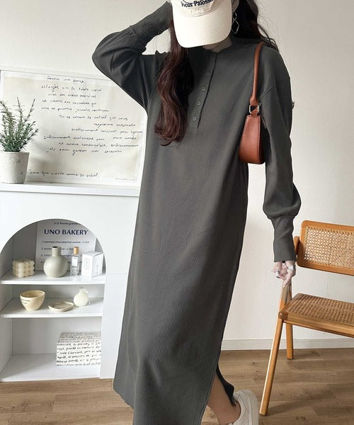 よむなな　2way リブロングワンピース 長袖 36 リラックス感とお洒落を両立。2wayヘンリーネックリブワンピース