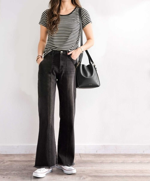 最旬美脚デニム。裾フリンジセミフレアデニムパンツ ce0900004