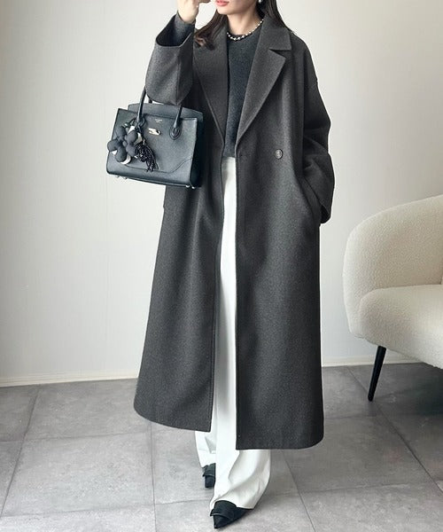 さっと、羽織るだけで高級感。フェイクウールダブルテーラードロング丈