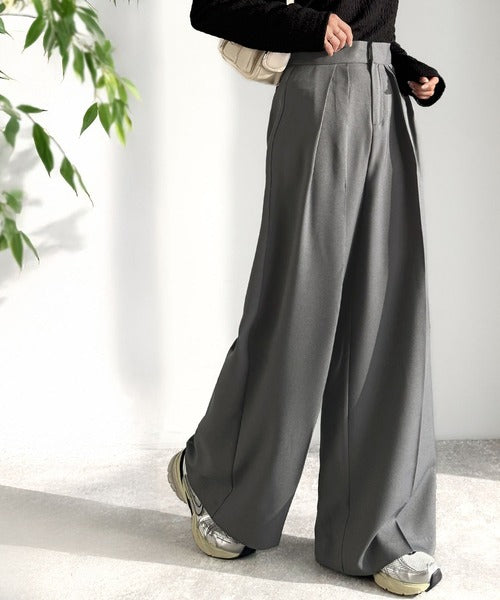 さらっと美脚。細見え2インタックハイウエストワイドスラックスパンツ