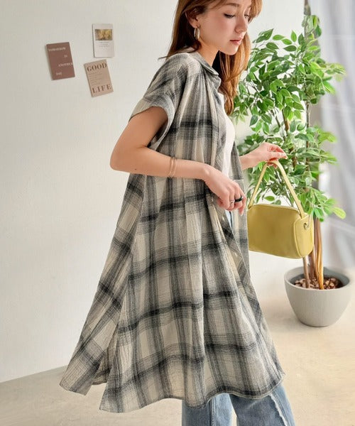 【極美品】快晴堂 タータンチェック エバーグリーン フレンチスリーブチュニック 気分はリゾート♪大人可愛いチェック柄がポイント。パナマ風フレンチ