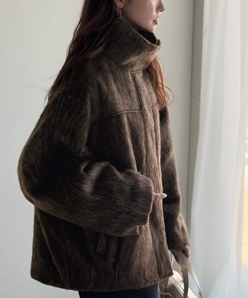 暖かさとおしゃれを両立♪ミックスシャギースタンドカラー比翼ミドル