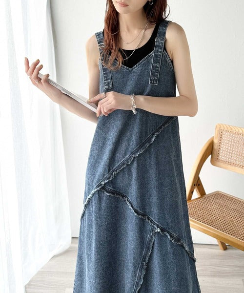 綿100％☆大人カジュアルを極める!Vネックフリンジ切り替えデニム