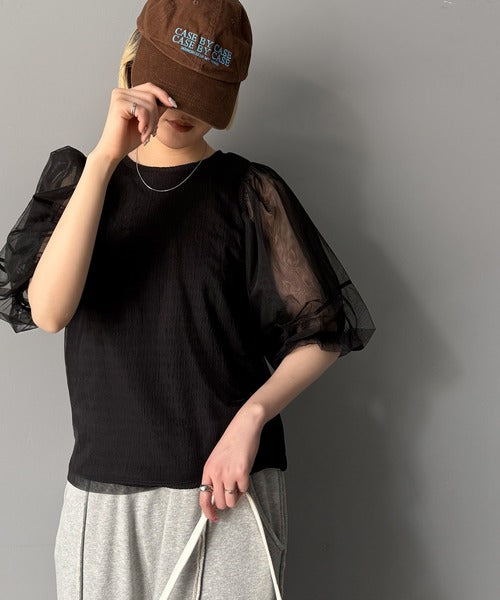 華やかで上品。ランタンスリーブチュール重ねジャガードプルオーバー