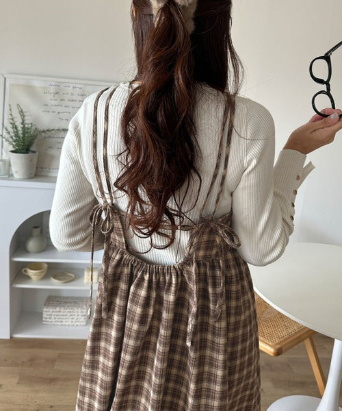 微起毛素材で秋冬にぴったり♪チェック柄ダブルストラップバックリボン