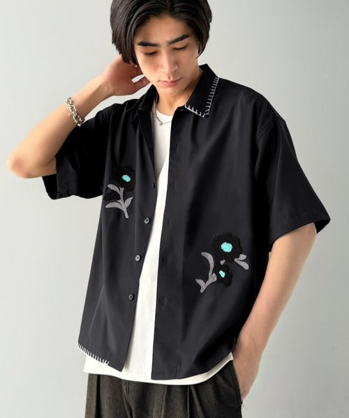 接触冷感機能付き】サガラ刺繍フラワーステッチシャツ／Cool-Touch