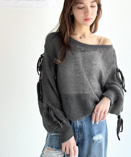 mily bilet】大人のきらめき。プレートデザイン透かし編み袖リボン