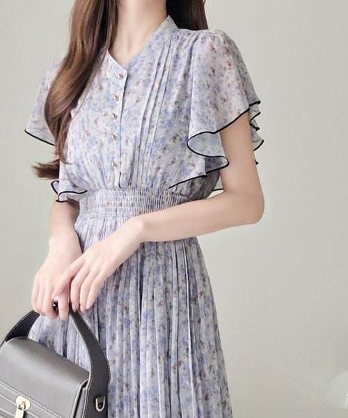 mily bilet】水彩調の花柄が目を惹く、大人の袖フリルプリーツ