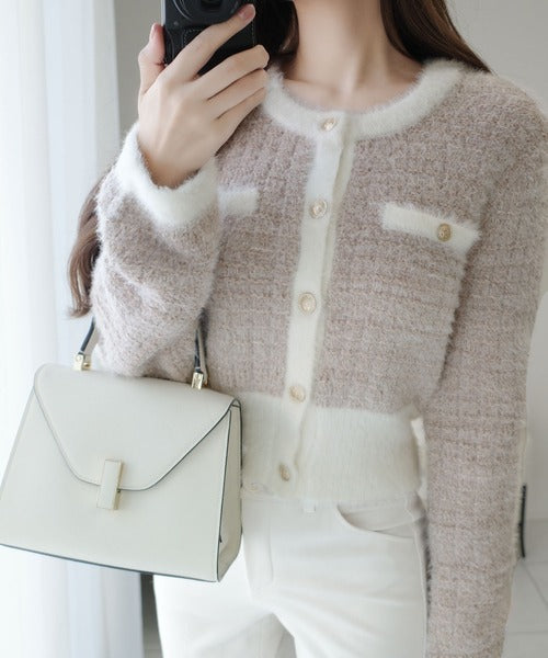 mily bilet】ツィードライクフェザー切り替えラメニットジャケット