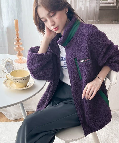 JaVa ジャバコラボ》レトロ×スポーツMIX。JaVaワッペン付き配色ボア