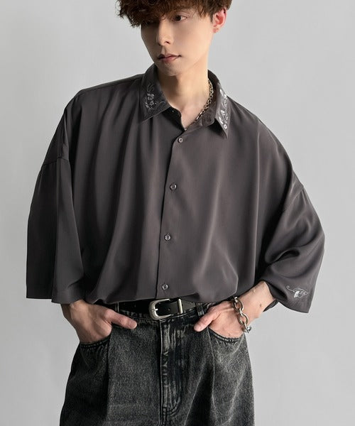 トール 激レア クイルプ コットンシャツ 雰囲気アガる。」衿刺繍ドレープドルマンシャツ／Embroidered Collar
