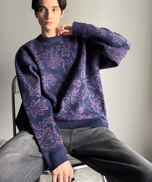 classical origin】視線を奪う、ジャガード花柄ニット／Jacquard