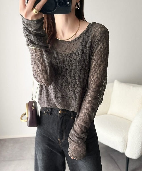 大人の上品映えレースアイテム。袖ギャザーレーストップス（長袖