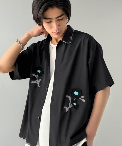 接触冷感機能付き】サガラ刺繍フラワーステッチシャツ／Cool-Touch