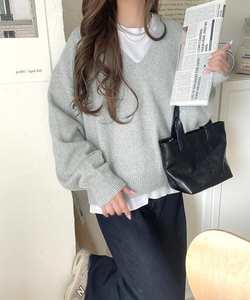 ふわっと軽やか◎メランジ調Vネックニットプルオーバー（長袖