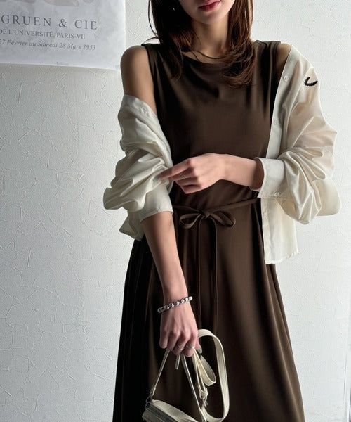 選べる2丈！ウエストリボン ボートネック 美ラインノースリーブ