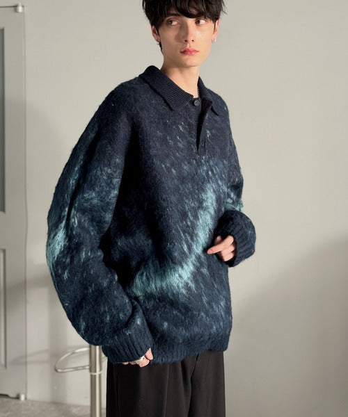 旧タグ　malo ヴィンテージ　カシミヤ　シルク　ニットポロシャツ　ナス紺 Classical Origin】「まるで毛布。」モヘアライクシャギー素材ニット