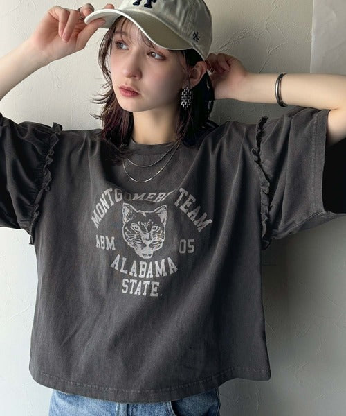 レディなヴィンテージスタイル。綿100％カレッジピグメント袖フリルT