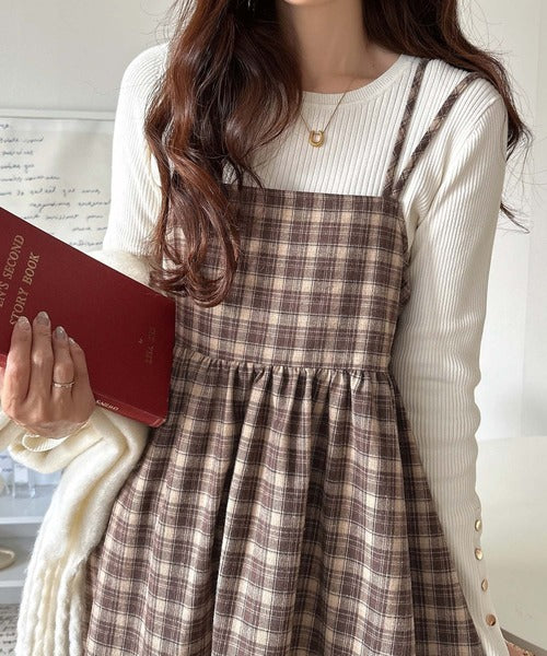 微起毛素材で秋冬にぴったり♪チェック柄ダブルストラップバックリボン