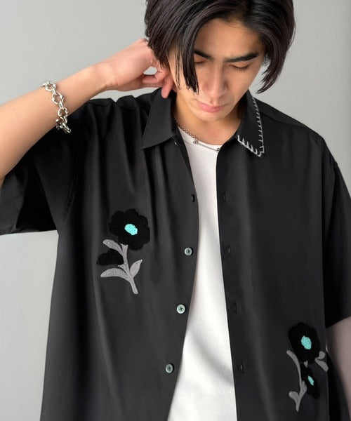 接触冷感機能付き】サガラ刺繍フラワーステッチシャツ／Cool-Touch
